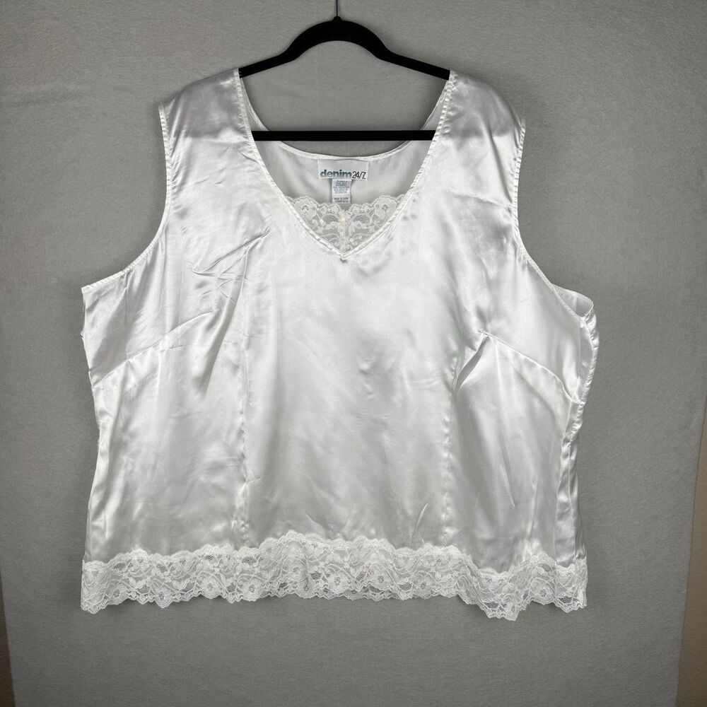 Denim 24/7 Women’s White Satiny‎ Silky Camisole, Lace, Sequins, Size 32W Y2K